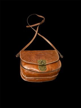 Patricia Nash Barcelona tooled leather saddle bag with antique brass turn lock